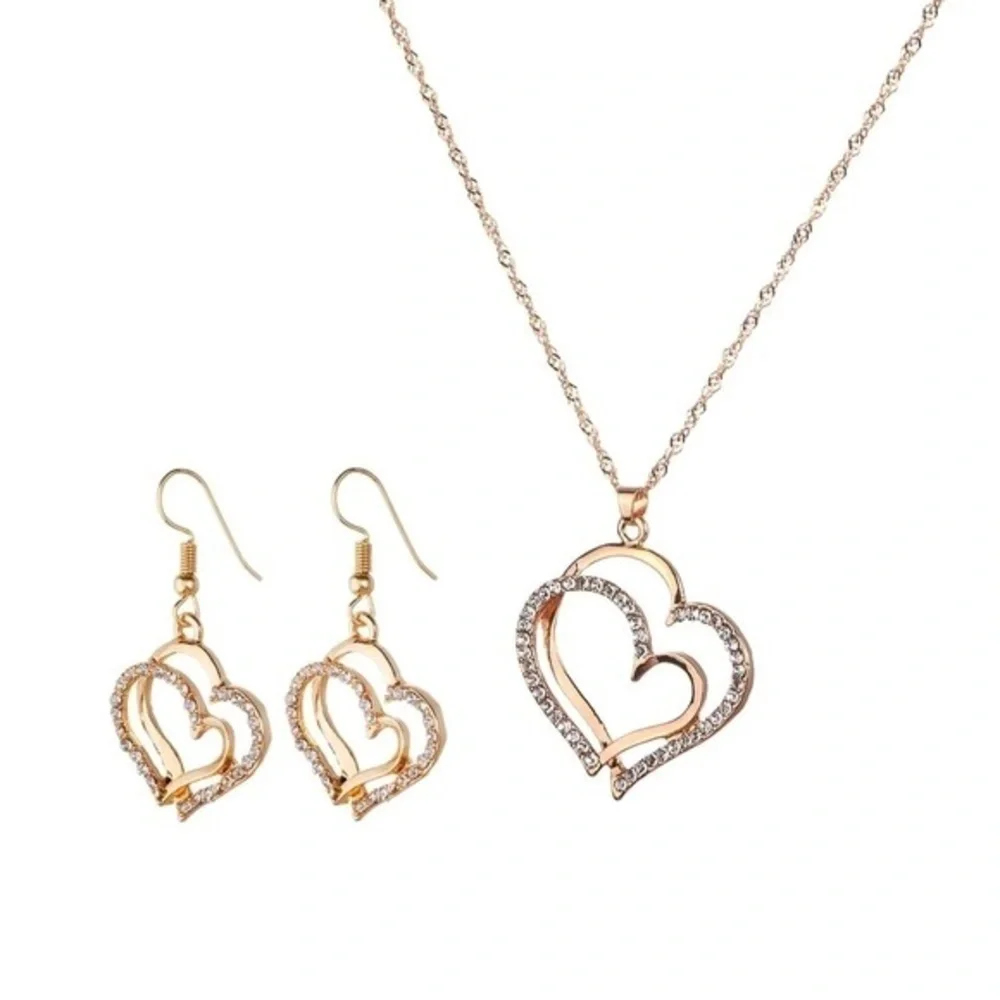 Double Heart-Shaped Pendant Necklace & Earring set. - Picture 2 of 7